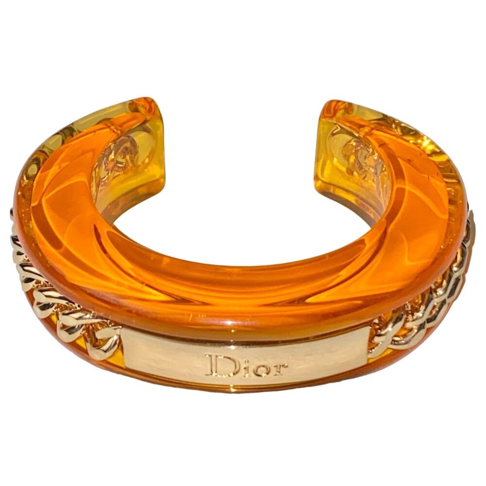 AUTH VTG Christian Dior Orange Lucite Gold Chain Nameplate Logo Cuff Bracelet - Picture 14 of 15